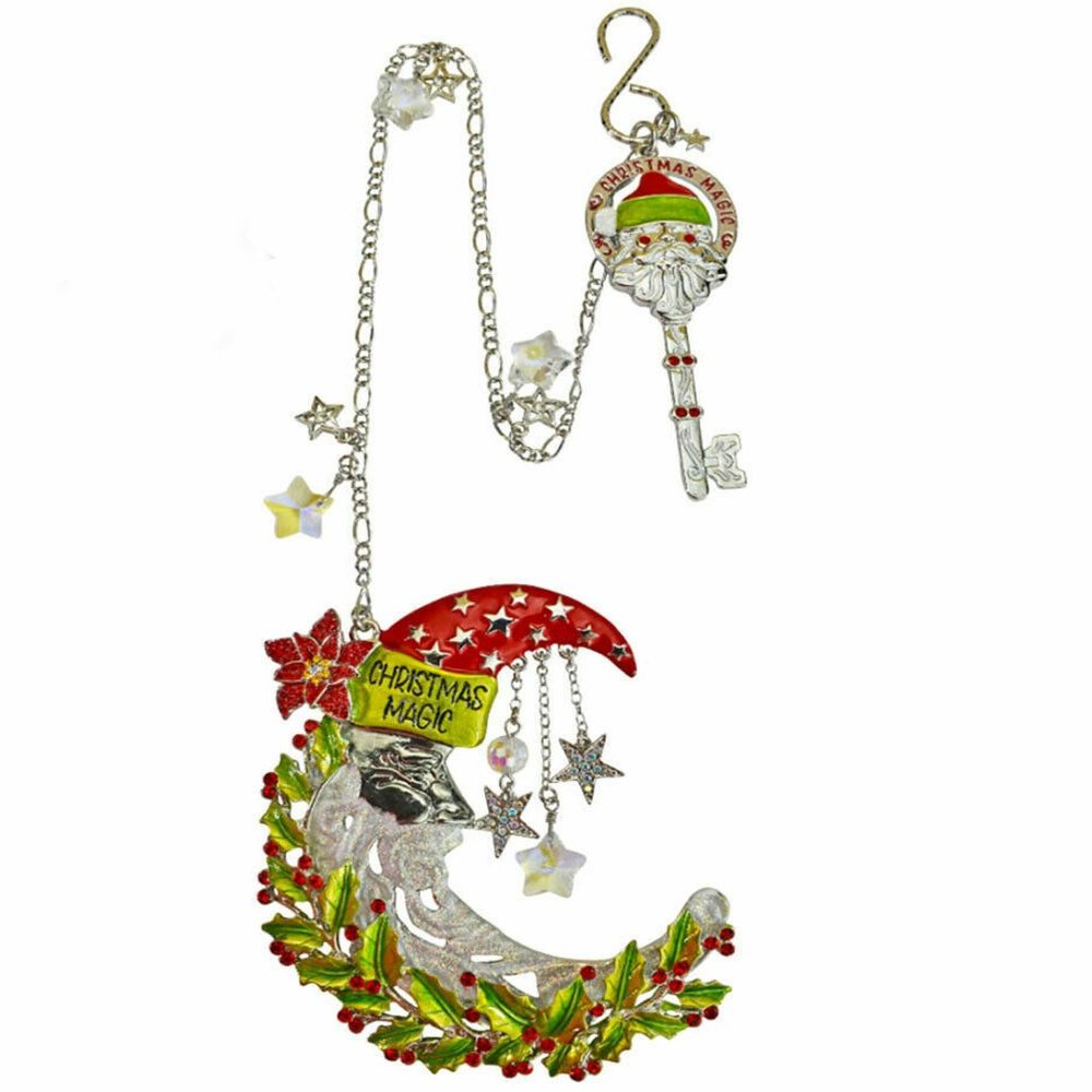 Kirks Folly CHRISTMAS MAGIC SANTA & KEY SHIMMER MOON Ornament Dangler Silvertone - Picture 3 of 13